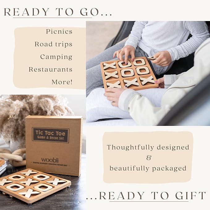 Tic Tac Toe Game, Versatile Boho Natural Wood Tic Tac Toe Board for Classic Two Person Games, 8.63 Inches Tic Tac Toe Coffee Table Decor, Two Ways to Play