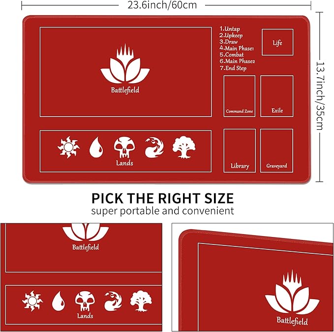 MTG Playmat Stitched with Magic Zone Non-Slip Rubber Backing Printing Commander Board Game Desk Mat Duel Mat TCG PTCG Playmat 24x14 inches and Free Storage Bags (Red)