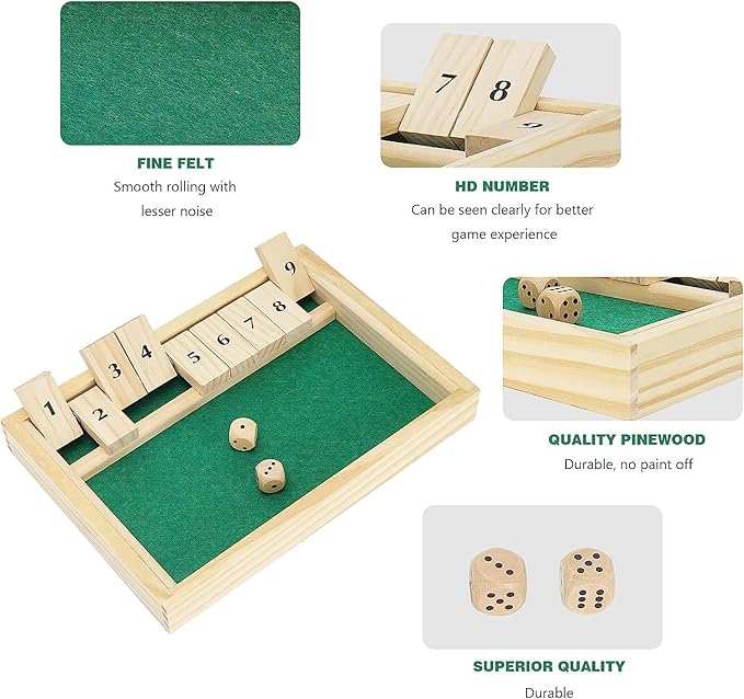 Wooden Shut The Box Game - Dice Game 2 Player,Board Game,Classics Tabletop Version,Popular Pub Game,Math,Travel for Kids #9