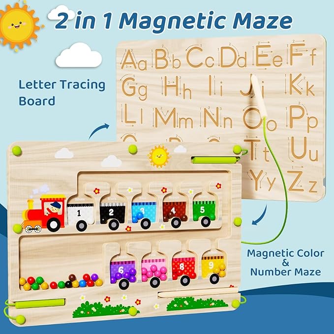 2 in 1 Magnetic Color and Number Maze + ABC Alphabet Tracing Board, Wooden Montessori Toys for 2 3 4 5 Year Old, Preschool Learning Activities, Christmas Birthday Gift for Toddler Boys & Girls