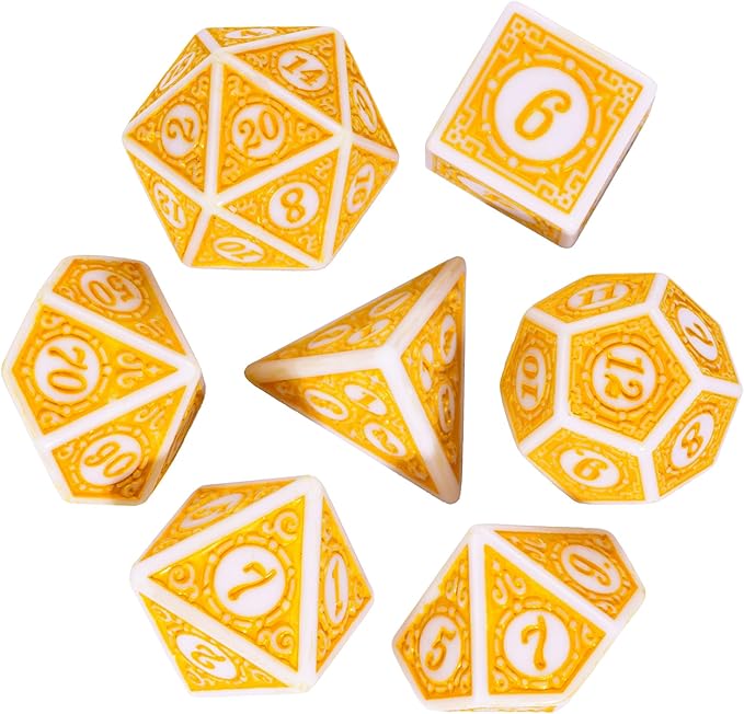 7PCs DND Dice Set, Unique Window Lattice Pattern D&D Dice Set with Leather Die Bag, Polyhedral Die for Dungeons and Dragons, RPG Table Games (Yellow/White)