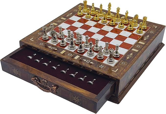 12.6’’ Handmade Walnut Chess Set with Zamak Metal Pieces, Wooden Chess Set with Storage, Birthday Gift for Him, Handmade Chess Gift, for Him (Gold-Silver Pieces)