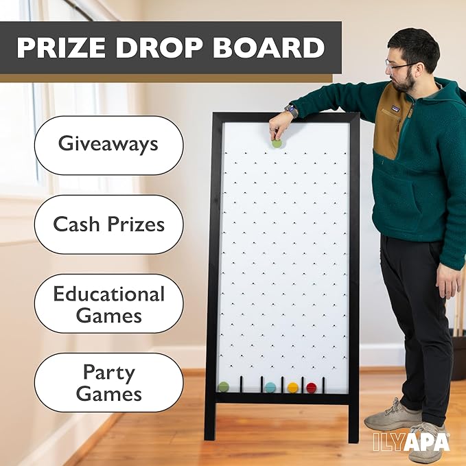 Ilyapa Extra Large Prize Drop Board Game - 28x57 Inch Portable Penny Drop Game for Events, Trade Show & Carnival - Includes 20 Coin Discs, Double Sided Wooden A-Frame Whiteboard Sign, Eraser