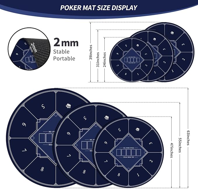 nuveti 24/31/47/55/63inch Round Poker Mat for Texas Holdem | Portable Poker Table Top with Art Deco Layout Print 6-8 Player Game Layout Mat to Play Cards, Poker Games, Blackjack, Casino