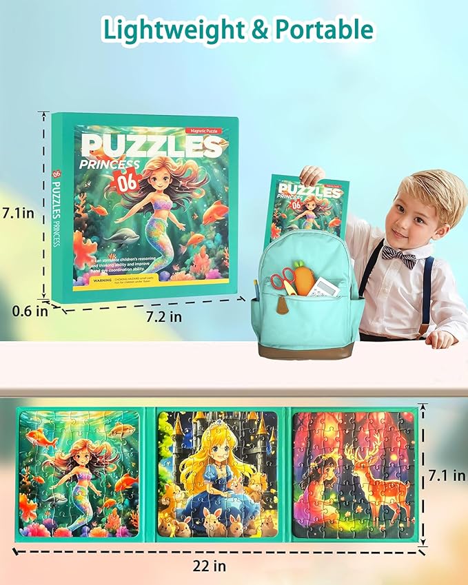 Magnetic Puzzles for Toddlers 4-6 Girls, Mermaid Princess Travel Puzzles for Kids Ages 3-5, 3 in 1 Dinosaurs Magnet Jigsaw Puzzle Book, Preschool Learning Toy for Kids 4-8 Year (Princess)