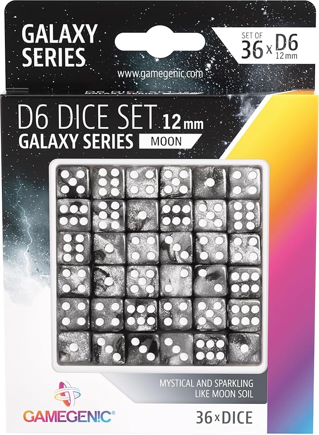 Asmodee Galaxy Series Moon D6 Dice Set Set of 36 Six-Sided Dice Premium Quality Resin Dice for Dice Games, Board Games and Card Games Cosmic Glittering Design Black Color Made by Gamegenic