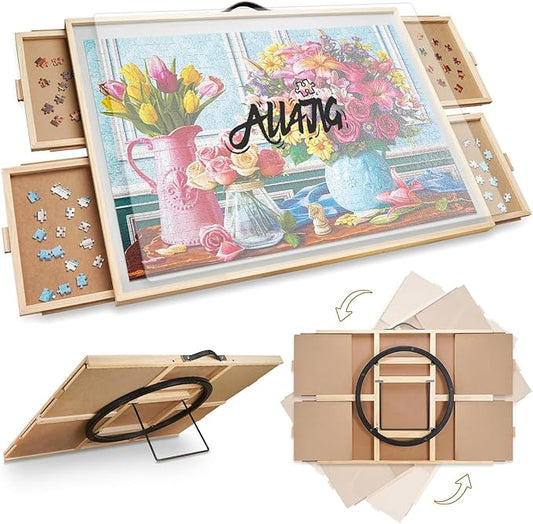 ALL4JIG 2-in-1 Tilting & Rotating Puzzle Board for 1500 Pieces, 34.2" x 25.2"Adjustable Angle Puzzle Board with 4 Drawers & Clear Protective Cover, Birthday Gift for mom