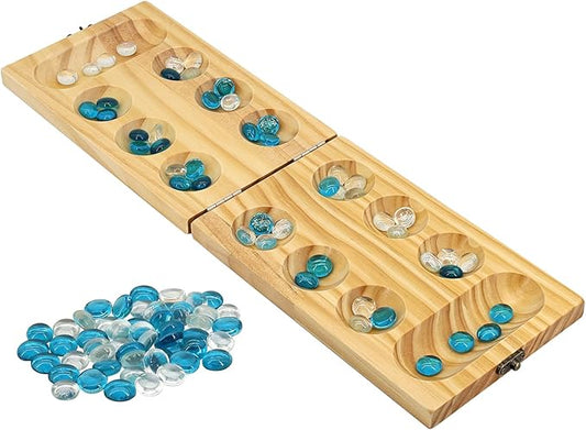 Wooden Mancala Board Game Set - Portable and Educational Two-Player Strategy Game for Family Fun and Relaxation
