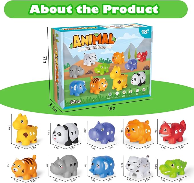 Learning Toys for 2 3 4 Year Old, 52 Pcs ABC Animal Alphabet Match Game with Uppercase Lowercase, 10 Different Animal Figures, Preschool Activities Montessori Fine Motor Toys for Toddlers Kids