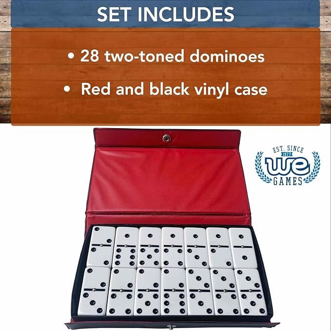 WE Games Two-Toned Black & White Double 6 Dominoes with Spinners - Ideal Size, Vintage Style Case, Family and Adult Board Games