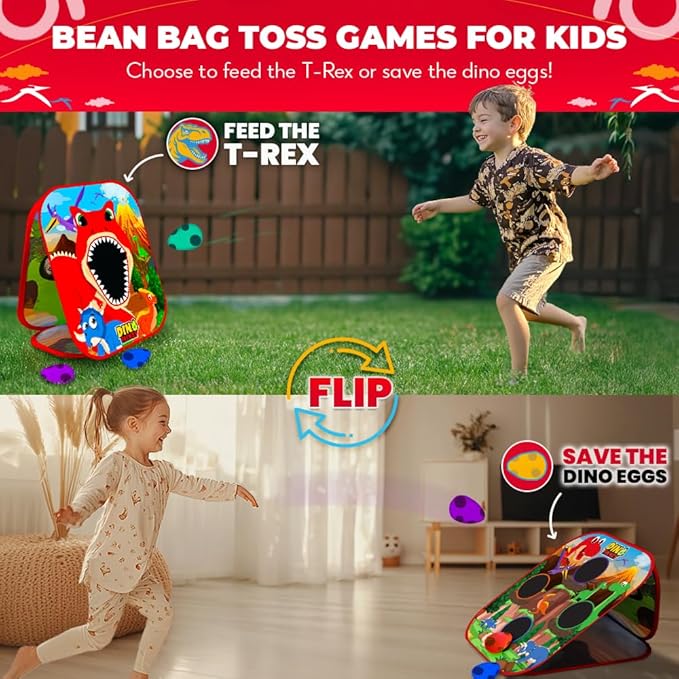 SWOOC Games - Dino Frenzy™ | 2-in-1 Corn Hole Games for Kids | 5-Second Setup | Dinosaur Bean Bag Toss Game for Kids | Kid Cornhole Game Set | Toddler Party Activity | Outside Bean Bags Kid Tossing
