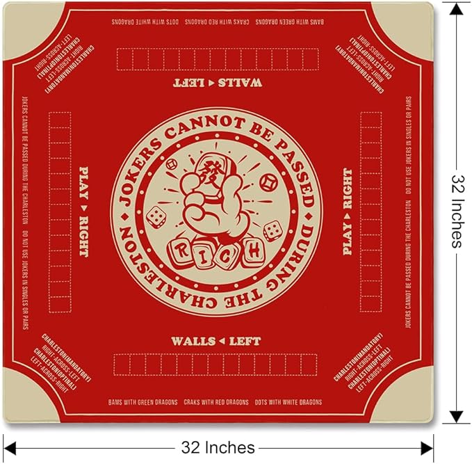 Mahjong Mat with Rules for Table,Travel Mahjong Set,Non-Slip and Silent,Comes with 2 Dice and 1 Coral Velvet Mahjong Mat Storage Bag,Mahjong Cards 2025(Red)