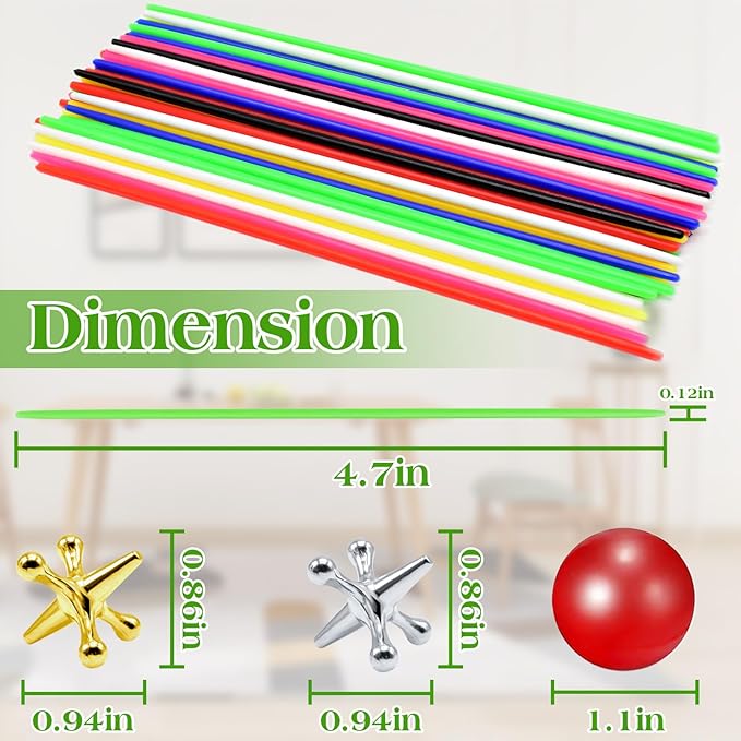 ZeeDix 60 Pcs Pick Up Sticks with 2 Sets Retro Metal Jacks Kit- Include 2 Pcs Red Rubber Balls and 20 Pcs Gold and Silver Metal Jacks, Classic Fun Game Gift of Jacks for Kids Adults Family