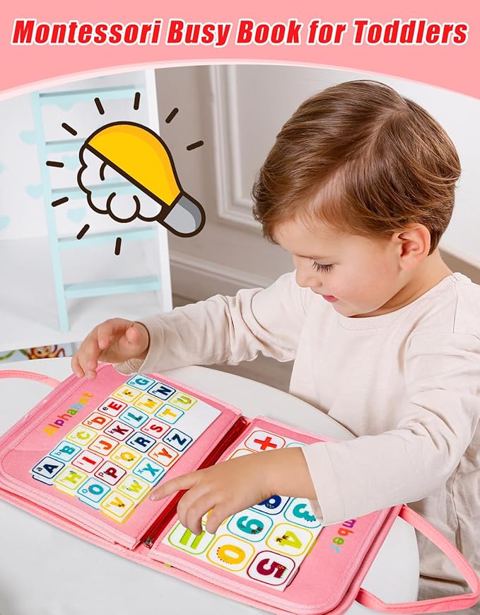 Toddler Busy Board, Montessori Toys Busy Book for Toddlers 1-3 Year Old, Gifts for 2 Year Old Girls Boy, Educational Learning Sensory, Kids Ages 2-4 Activities Toy for Airplane Car Travel