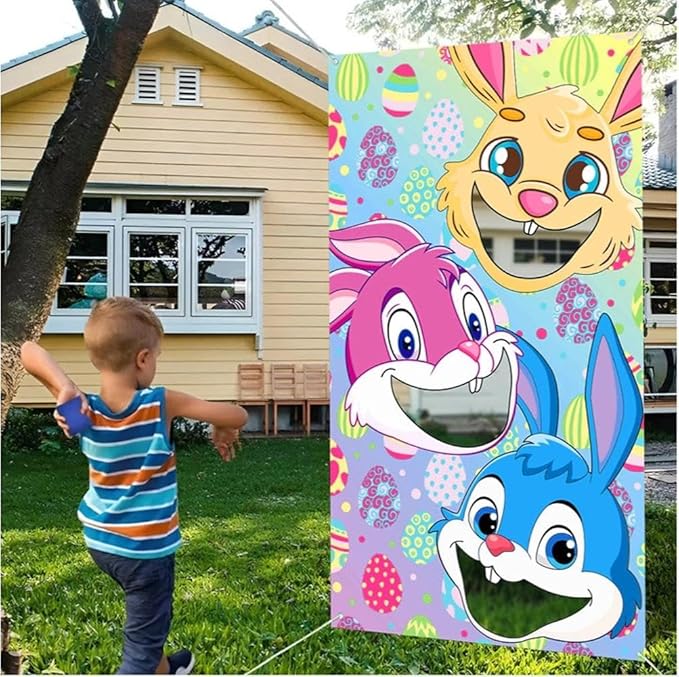 Easter Games, Funny Bunny Toss Game, with 4 Bean Bags, Premium Banner and Accessories, Easter Party Games for Kids Adults Family Outdoor, Party Activities Supplies