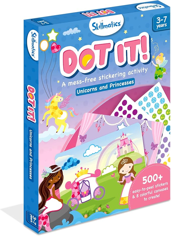 Skillmatics Dot It Sticker Art Activity - Unicorns & Princesses, Mess-Free Fun for Kids, 500+ Stickers, Craft Kits, DIY Scrapbooking Activity, Travel Toys, Gifts for Girls & Boys Ages 3, 4, 5, 6, 7