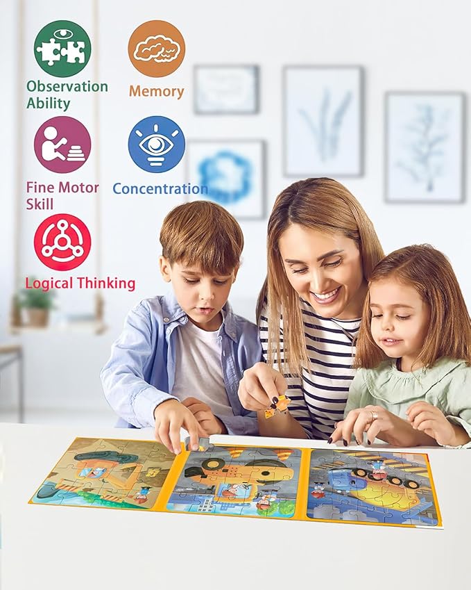 Magnetic Puzzles for Toddlers 3-5, 3 in 1 Travel Puzzles for Kids Ages 4-6, Excavator Truck Jigsaw Puzzle Book Road Trip Activities Toys for 3 4 5 6 Year Old Girls Birthday (Engineering)