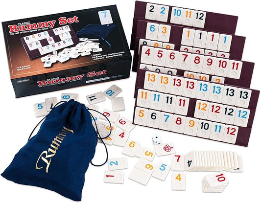 Rummy Cube Game Set with 4 Plastic Racks and 106 Melamine Tiles, Color Case with 4 Tiles Holders