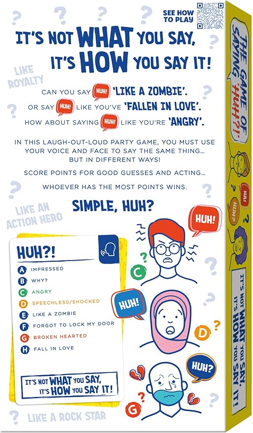 TOMY The Game of Saying 'Huh?!' - Voice Impressions Card Games - Funny Party Game of Acting and Guessing - Family Board Games for Adults and Kids - 3-8 Players - Ages 8 Years and Up