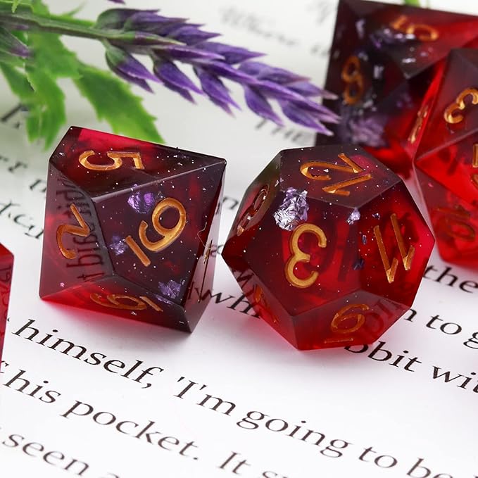 Haxtec Sharp Edge DND Dice Set Purple Red Resin Dice Silver Flakes D&D Dice for RPG Role Playing Games Dungeons and Dragons Gift War Series