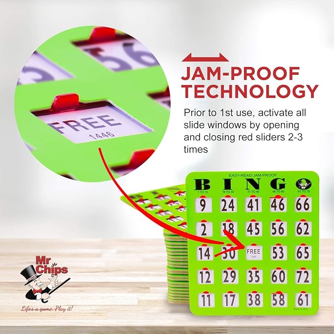 MR CHIPS Jam-Proof Bingo Cards with Sliding Windows, 50 Reusable Shutter Cards, 75 Calling Cards 1 Master Board in Green Style