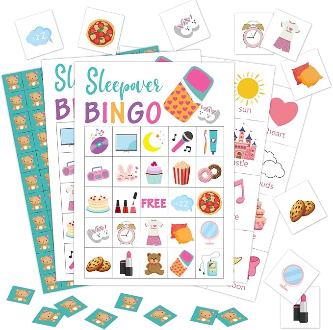 24 Players Sleepover Party Bingo Game Cards, Slumber Party Bingo Game for Large Group, Pajama Party Bingo Game Activity for Family Friend Adult Holiday -06