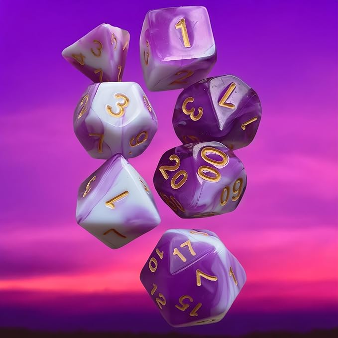 DND Dice Set, 7 Pcs Dice for Dungeon and Dragons D&D RPG Role Playing Games Dice Set with D20 D12 D10 D% D8 D6 D4(Purple Mixed White)