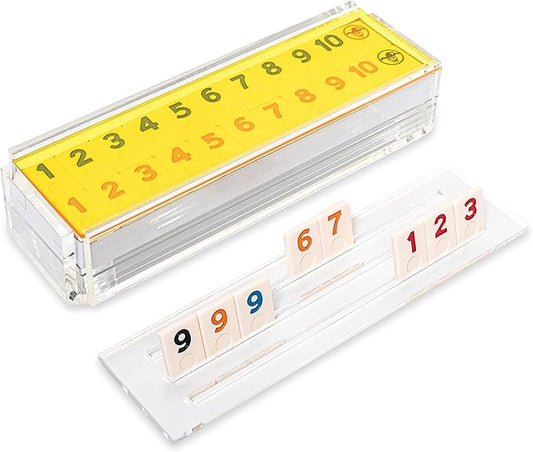 Luxury Rummy Tile Set Game in Handmade Acrylic Case with 4 Racks Included (Yellow)