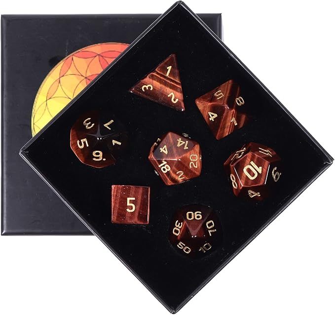 TUMBEELLUWA Engraved Crystal Stone Polyhedral Dice Set for RPG MTG Dungeons and Dragons Table Game 7 Pieces DND Board Game Dices with Pouch, Red Tiger’s Eye Stone