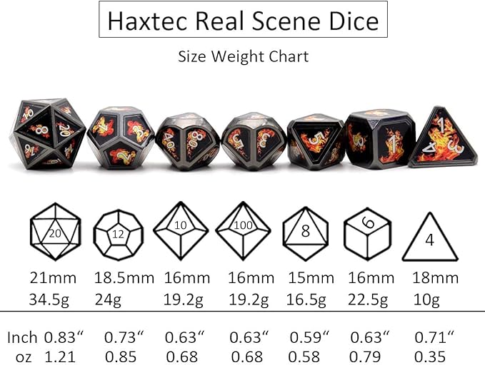 Haxtec Fire Bolt Real Scene Metal DND Dice Set Black Polyhedral Metal Dice for D&D Dungeons and Dragons Gifts TTRPG Games-Dark Fire