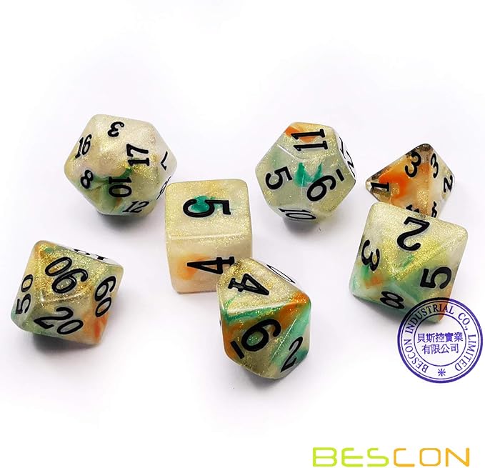 Bescon Magical Stone Dice Set Series, 7pcs Polyhedral RPG Dice Set Gold Ore, Polybag Packing