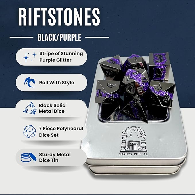 Sage's Portal Metal Riftstone DND Dice 7-PC Polyhedral Dice Set for DND TTRPG Dungeons and Dragons Pathfinder Oversized Designer Dice (Gloss Black/Purple)