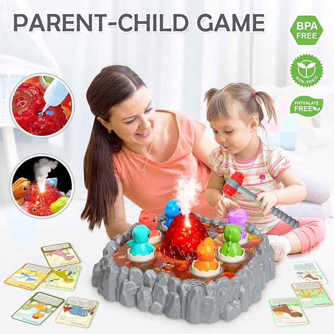 Yerloa Whack Game Mole Dinosaur Toys for Kids 2 3 4 Year Old Boy Birthday Gift, Sensory Toddler Boy Toys for Ages 2-4 2-3 4-6 3-5 Dino Volcano Learning Easter Gifts with 2 Hammers, Music Spray Light