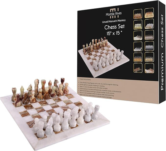 15 Inch Luxury Chess Set Classic Chess Boards for Adults with Handcrafted Stone Board & Marble Chess Pieces Ideal for Home Decor