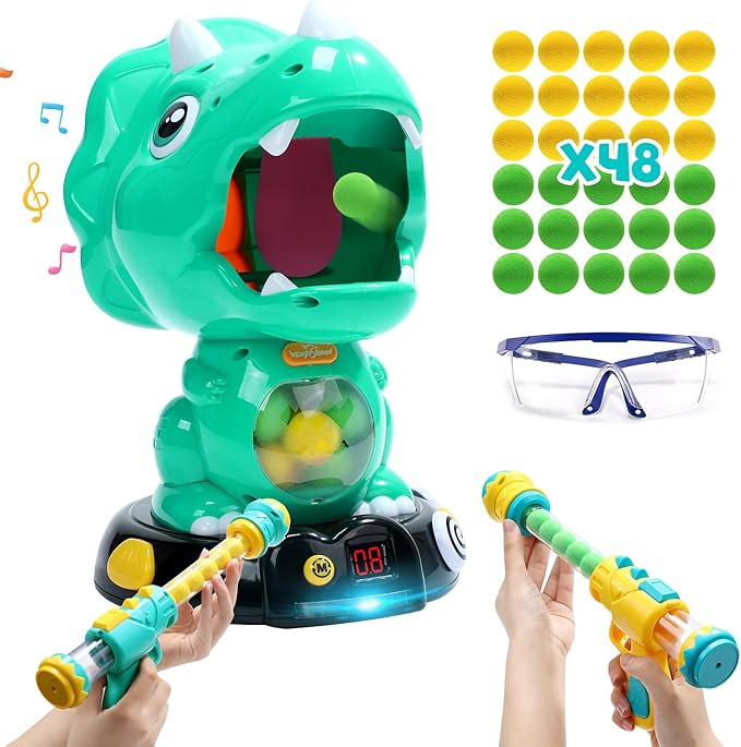 EagleStone Moveable Dinosaur Shooting Toys for Kids, Triceratops Dino Shooting Games with 2 Gun, 48 Balls, LCD Score Record, for Boys and Girls, Party Favor for Indoor and Outdoor