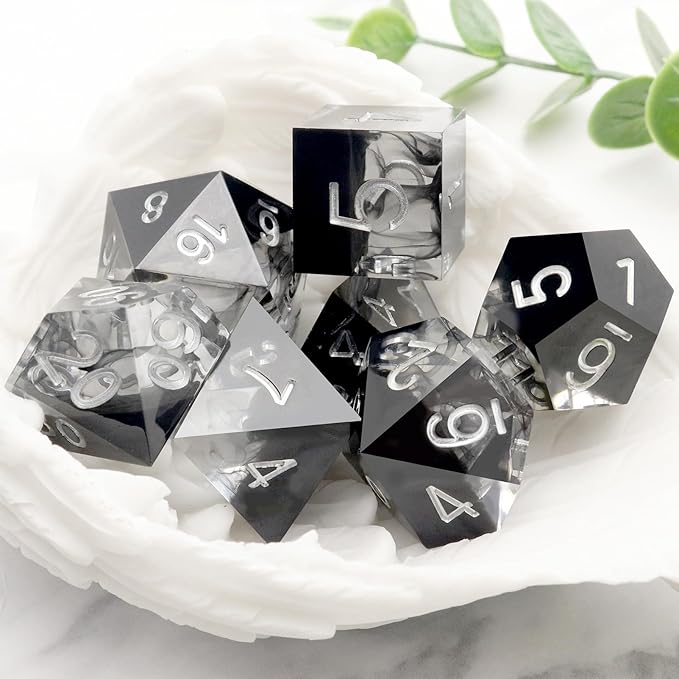 Haxtec Sharp Edge DND Dice Set - Black Swirls Resin Dice with Case for D&D RPG Role Playing Games