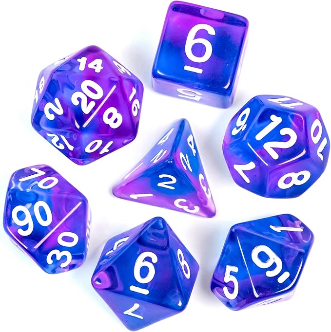 7-Die DND Dice Set Polyhedral Dice Set with a Leather Dice Bag, D&D Dice Set for Dungeons and Dragons, RPG, MTG Table Games (T/Purple Blue)