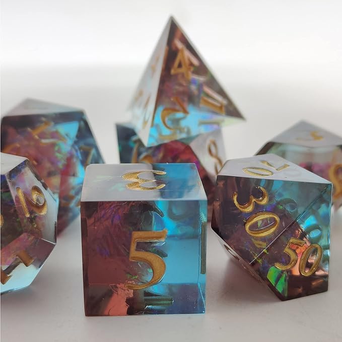 D&D DND Resin dice Set, RPG Sharp dice Handmade polyhedral dice Set with Beautiful connotations, Suitable for Role-Playing Board Game Dungeons & Dragons 7PC Digital Free Black Storage Bag Brown Blue