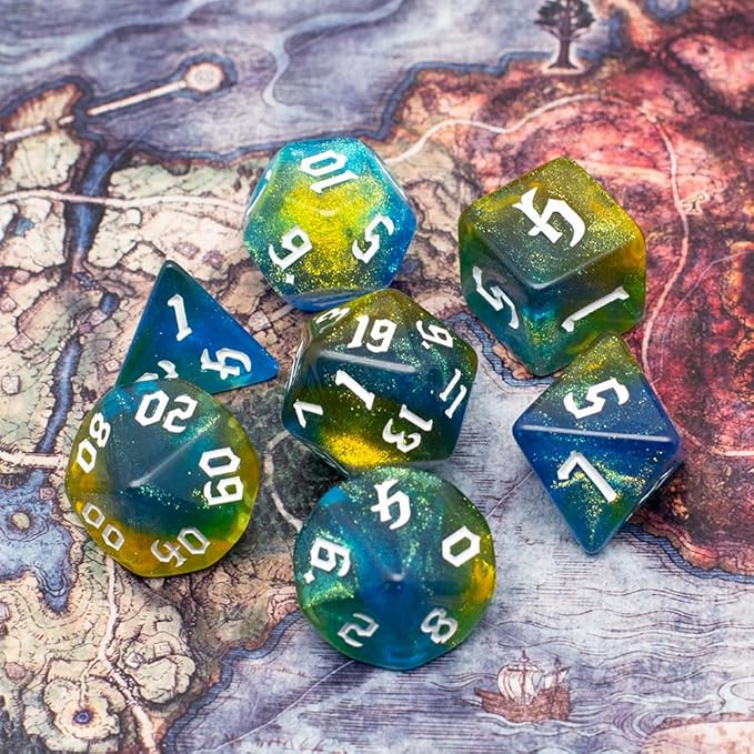 DND Dice Set with Dragon Totem Metal Gife Case, Dungeons and Dragons Dice Set,Polyhedral Dice Set Filled with Shiny Glitters,Role Playing Games and Tabletop Games (Blue&Yellow)