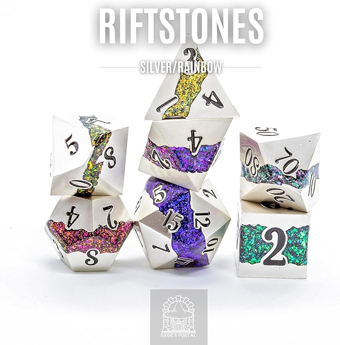 Sage's Portal Metal Riftstone DND Dice 7-PC Polyhedral Dice Set for DND TTRPG Dungeons and Dragons Pathfinder Oversized Designer Dice (Pearl Silver/Rainbow)