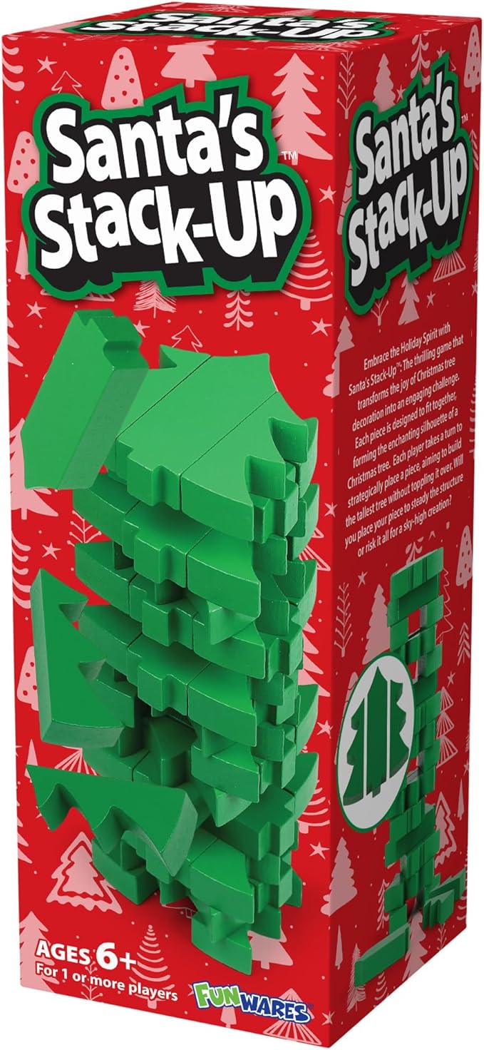 Funwares Wooden Blocks Stacking Game, Tumbling Tower and Balance Game, Family & Party Fun, Game for Kids and Adults, Ages 6+, Santa’s Christmas Tree Stack-Up, Christmas Tree Wood Blocks Stacking Game