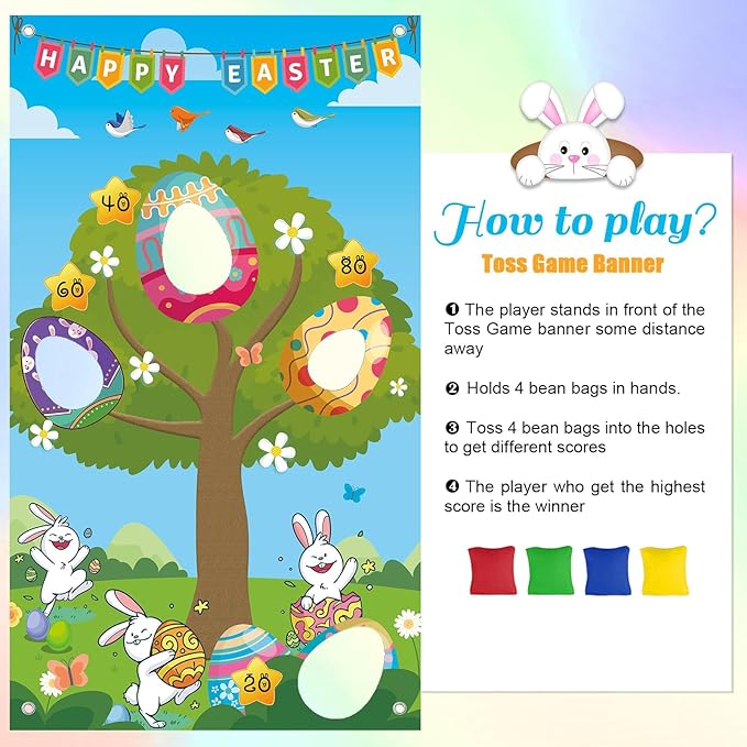 Upgraded, Easter Games, Funny Bunny Egg Toss Game, with 4 Bean Bags, Premium Banner and Accessories, Easter Party Games for Kids Adults Family Outdoor, Party Activities Supplies