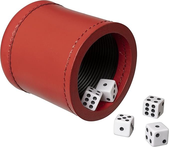 WE Games Professional Handmade Red Leather Dice Cup Set, Comes with 5 Standard Game Dice & Cloth Bag, Dice Roller for Liars Dice Farkle & Board Games, Durable Stitched Dice Cups