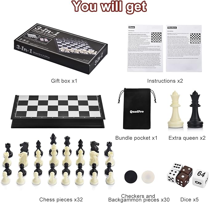 3 in 1 Magnetic Chess Checkers Backgammon Board Game Set with Folding Board Travel Games for Kids and Adults (Chess: Black & White)