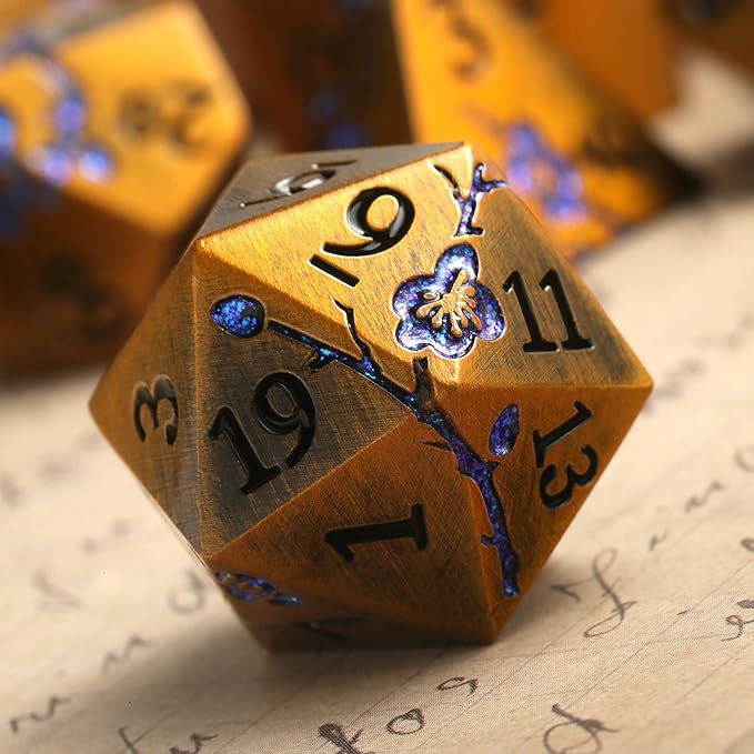 Metal Dice Flowers, 7 PCS Metallic Dungeons and Dragons Dice Set with Gorgeous Gift Case for DND Dungeons and Dragon Tabletop Game (Ancient Brass with Blue Flowers)