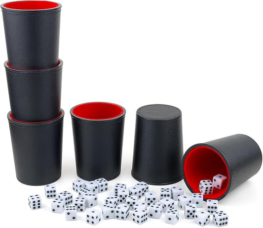 Felt-Lined PU Leather Dice Cup Set, 6 Quiet Dice Shaker Cups with 36 Dices for Bar Party Yahtzee Farkle Dice Games, Red and Black