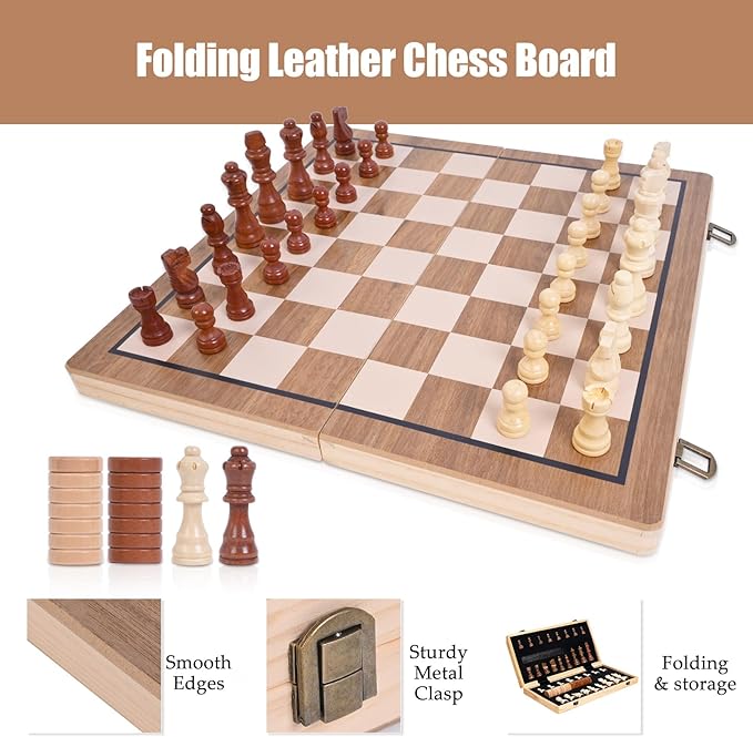 15 Inches Magnetic Wooden Chess Set - 2 Extra Queens - Folding Board - Pieces Storage Slots, 2in1 Chess & Checkers, Beginner Chess Game for Kids & Adults - Large&Portable Wooden Chess Board