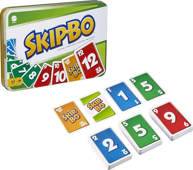 Mattel Games Skip Bo Card Game in Decorative Tin with 162 Cards, Sequencing Family Game for 2 to 6 Players, Kids Gift for Ages 7 Years & Older (Amazon Exclusive)