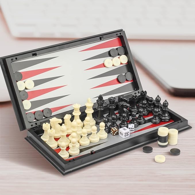 Andux Foldable Magnetic Three-in-One Board Game Set, Chess, Backgammon, Checkers (L, 32x32x2cm, 6+, 2 Players)