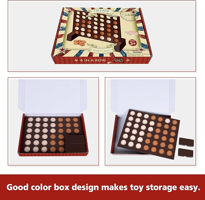 GOTHINK Wooden 4 in a Row Game, Classic Strategy Game for Kids and Adults, Connect The 4 Discs of Same Colour in a Row Perfect for Family Picnics, Camping, Great Travel Game and Gift for All Ages